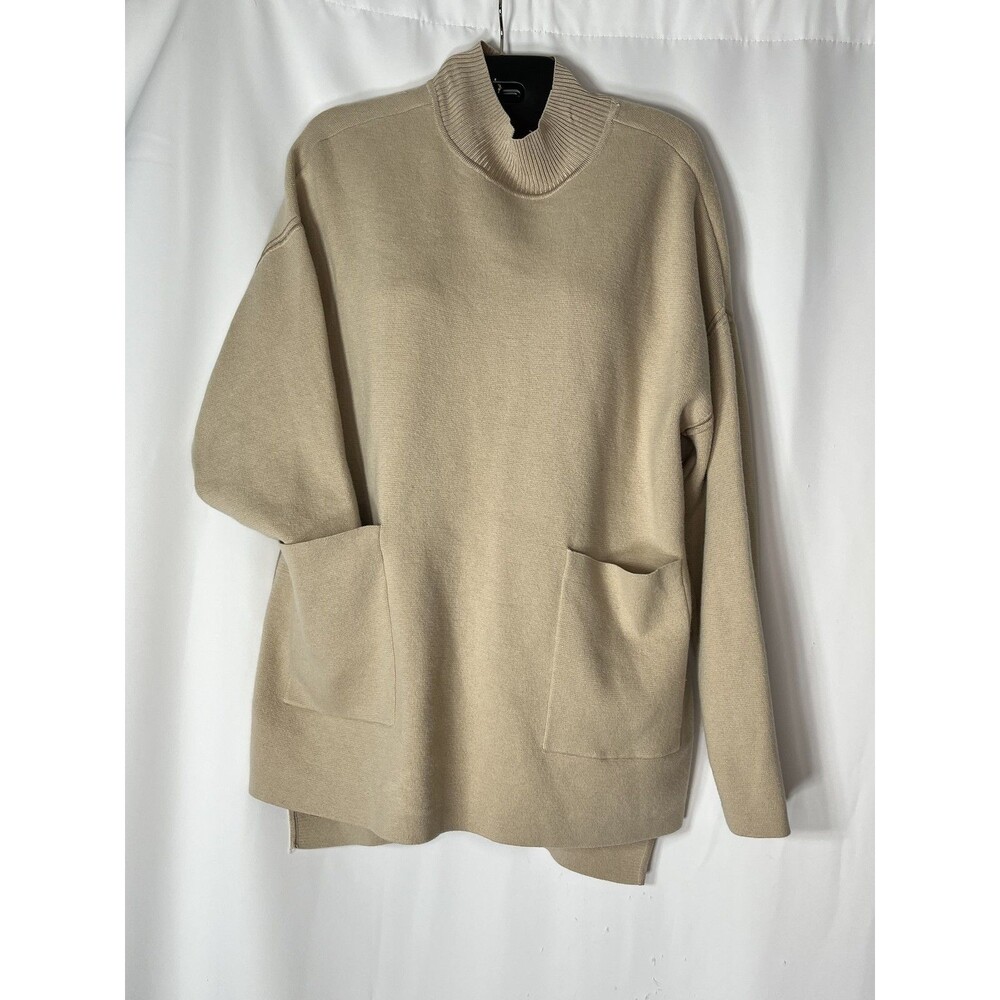 Chico's Sweater Tunic Womens 2 Beige Mock Neck Pocket Knit Long Sleeve Top